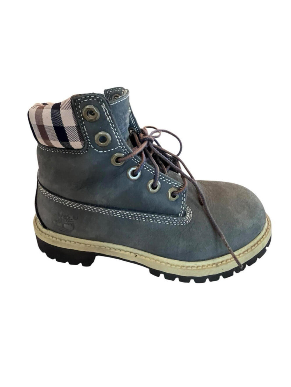Timberland Kids Boys 5" Boots Size 3.5 Grey Nubuck Plaid Collar 2954.6